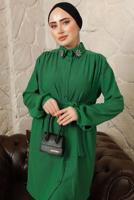 Tesettür giyim YEŞİL YAKASI BROŞLU BÜRÜMCÜK İKİLİ PANTOLONLU TAKIM T 60003
