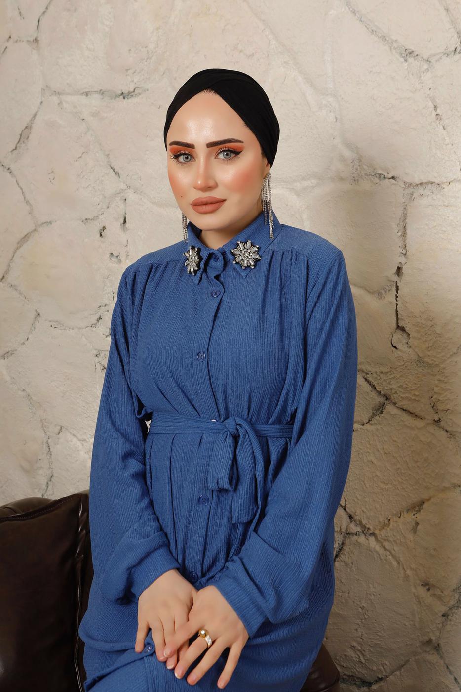 Tesettür giyim LACİVERT YAKASI BROŞLU BÜRÜMCÜK İKİLİ PANTOLONLU TAKIM T 60003