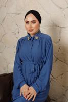 Tesettür giyim LACİVERT YAKASI BROŞLU BÜRÜMCÜK İKİLİ PANTOLONLU TAKIM T 60003