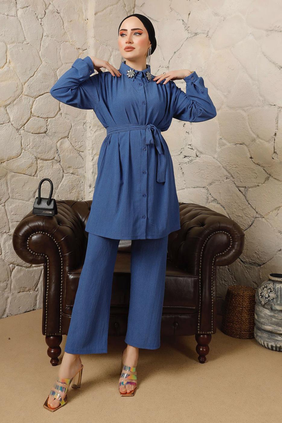 Tesettür giyim LACİVERT YAKASI BROŞLU BÜRÜMCÜK İKİLİ PANTOLONLU TAKIM T 60003