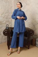 Tesettür giyim LACİVERT YAKASI BROŞLU BÜRÜMCÜK İKİLİ PANTOLONLU TAKIM T 60003
