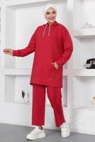 Tesettür giyim KIRMIZI KAPÜŞONLU CEPLİ PANTOLONLU EŞOFMAN TAKIM T 003