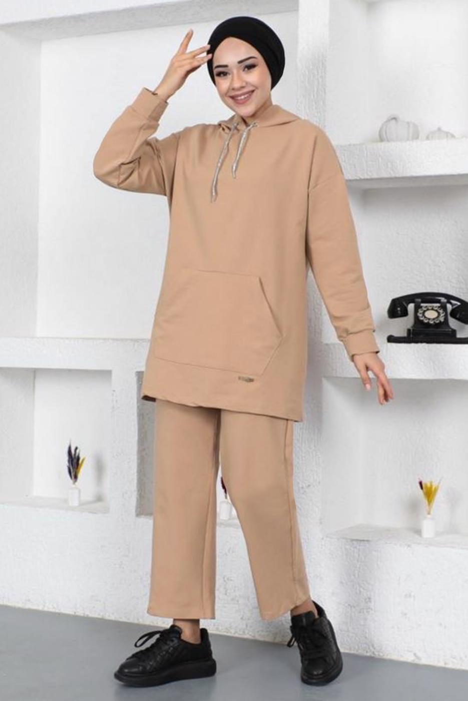 Hijab clothing BEIGE HOODED TRACKSUIT SET WITH POCKET DETAIL T 003
