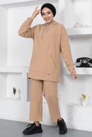 Hijab clothing BEIGE HOODED TRACKSUIT SET WITH POCKET DETAIL T 003