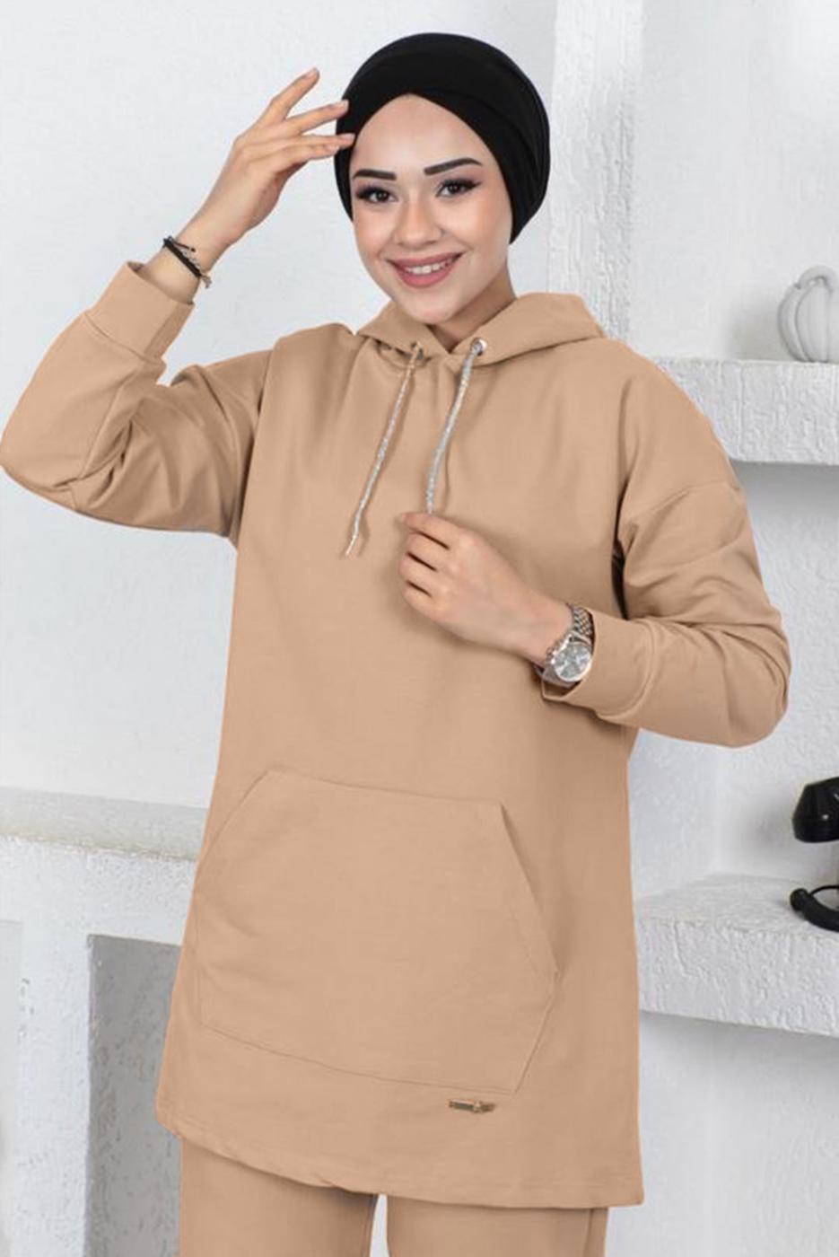 Hijab clothing BEIGE HOODED TRACKSUIT SET WITH POCKET DETAIL T 003