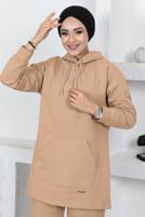 Hijab clothing BEIGE HOODED TRACKSUIT SET WITH POCKET DETAIL T 003