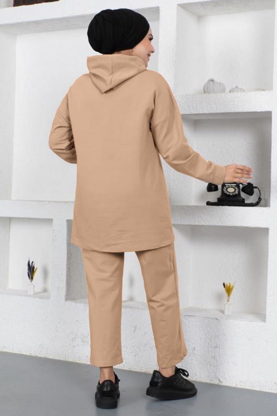 Hijab clothing BEIGE HOODED TRACKSUIT SET WITH POCKET DETAIL T 003