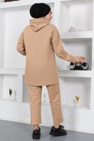 Hijab clothing BEIGE HOODED TRACKSUIT SET WITH POCKET DETAIL T 003