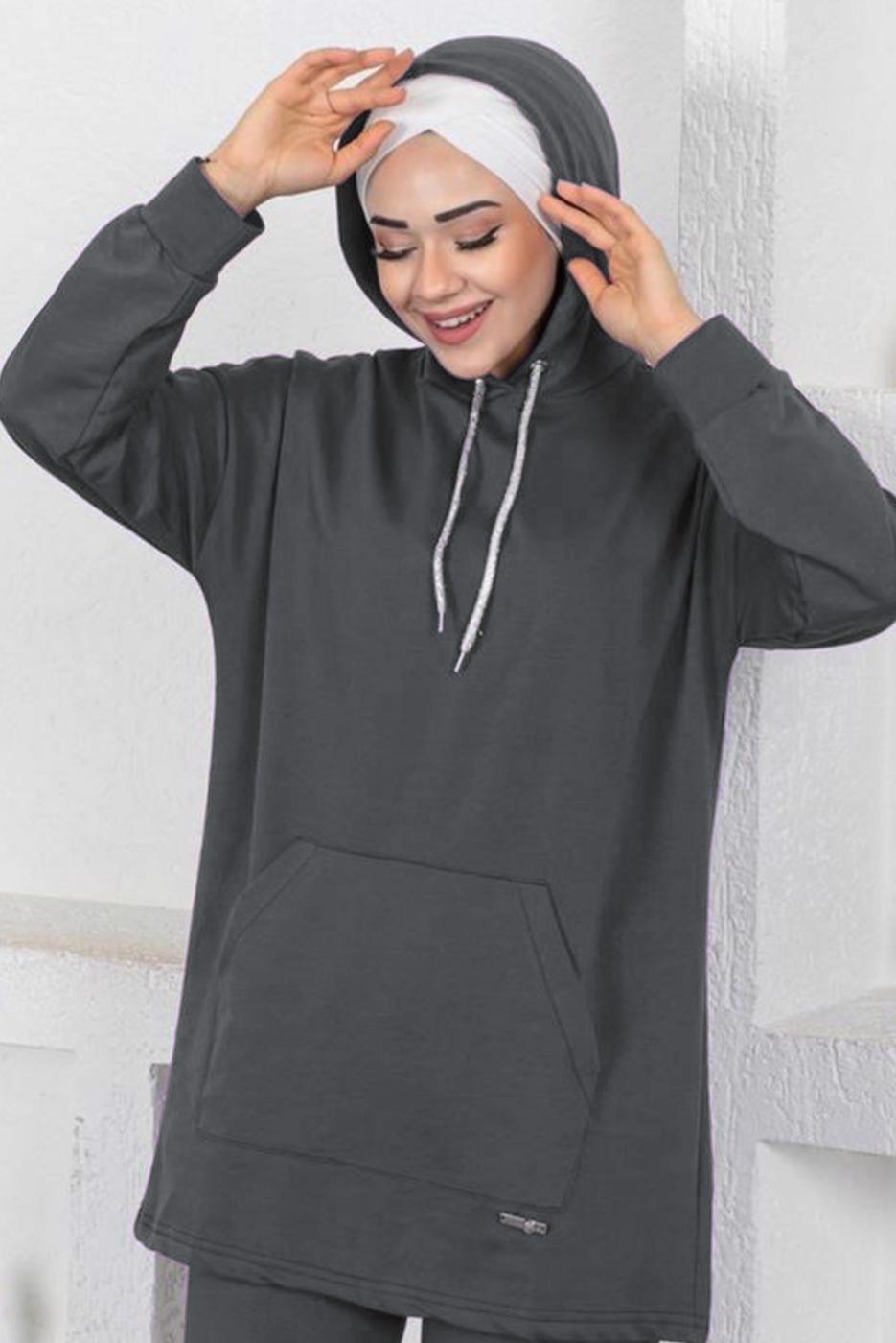 Hijab clothing PURPLE HOODED TRACKSUIT SET WITH POCKET DETAIL T 003