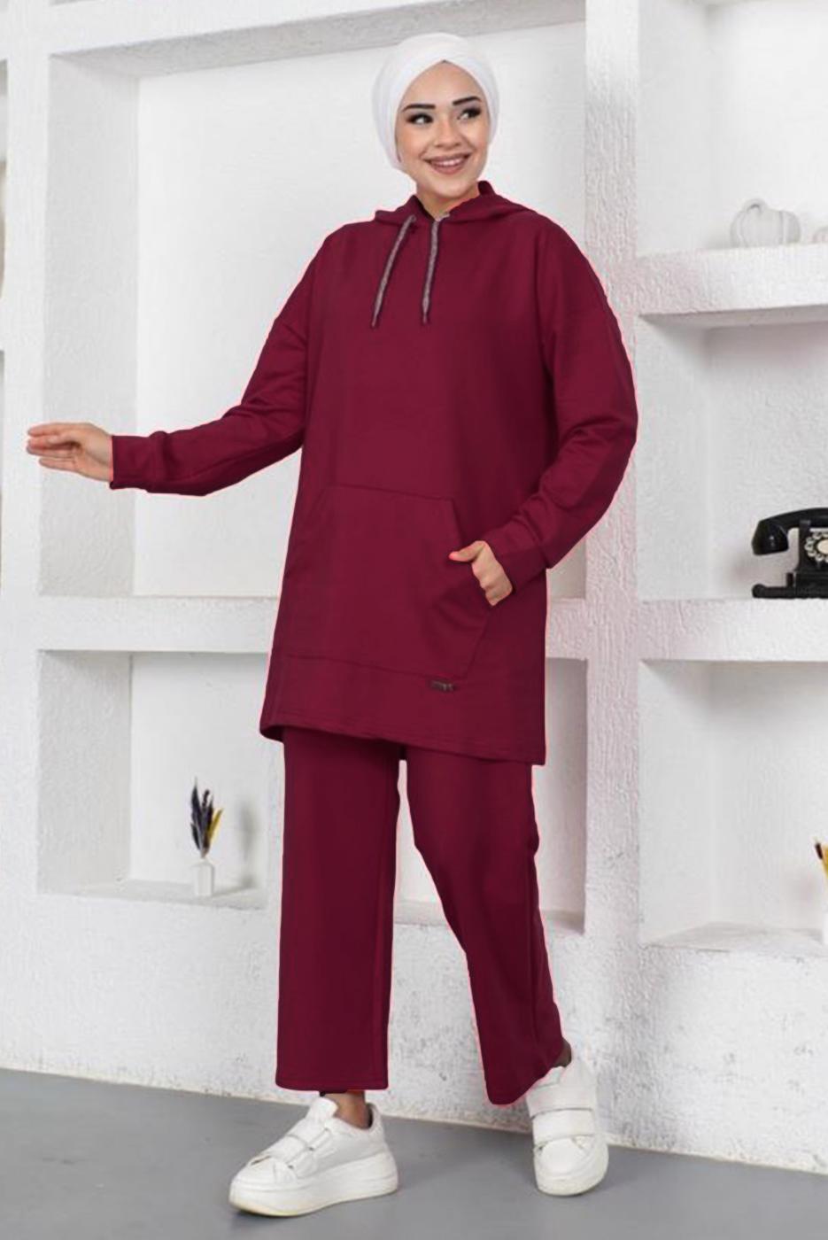 Tesettür giyim BORDO KAPÜŞONLU CEPLİ PANTOLONLU EŞOFMAN TAKIM T 003