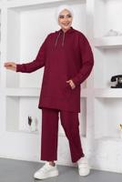 Tesettür giyim BORDO KAPÜŞONLU CEPLİ PANTOLONLU EŞOFMAN TAKIM T 003