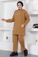 Hijab clothing BROWN HOODED TRACKSUIT SET WITH POCKET DETAIL T 003