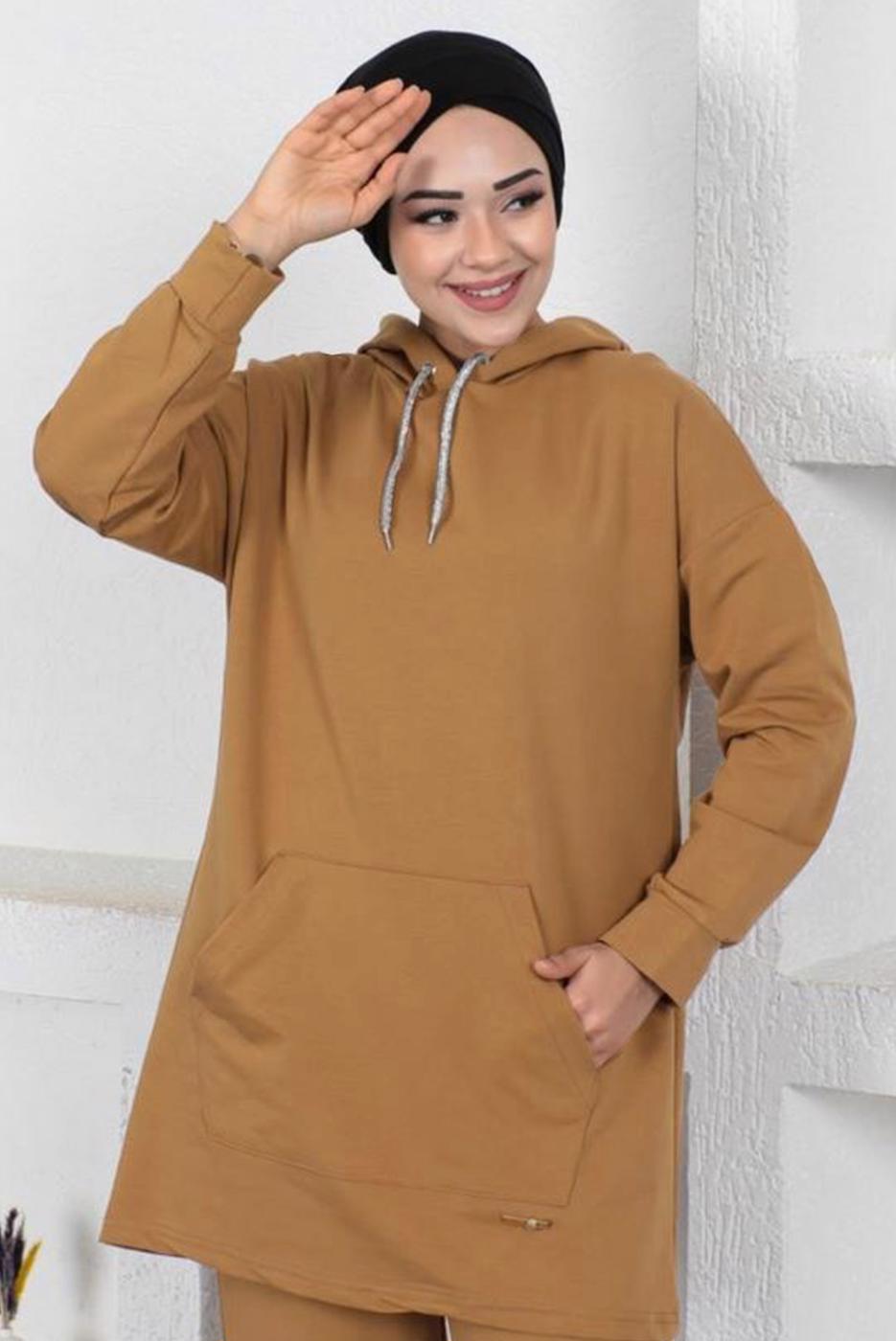 Hijab clothing BROWN HOODED TRACKSUIT SET WITH POCKET DETAIL T 003