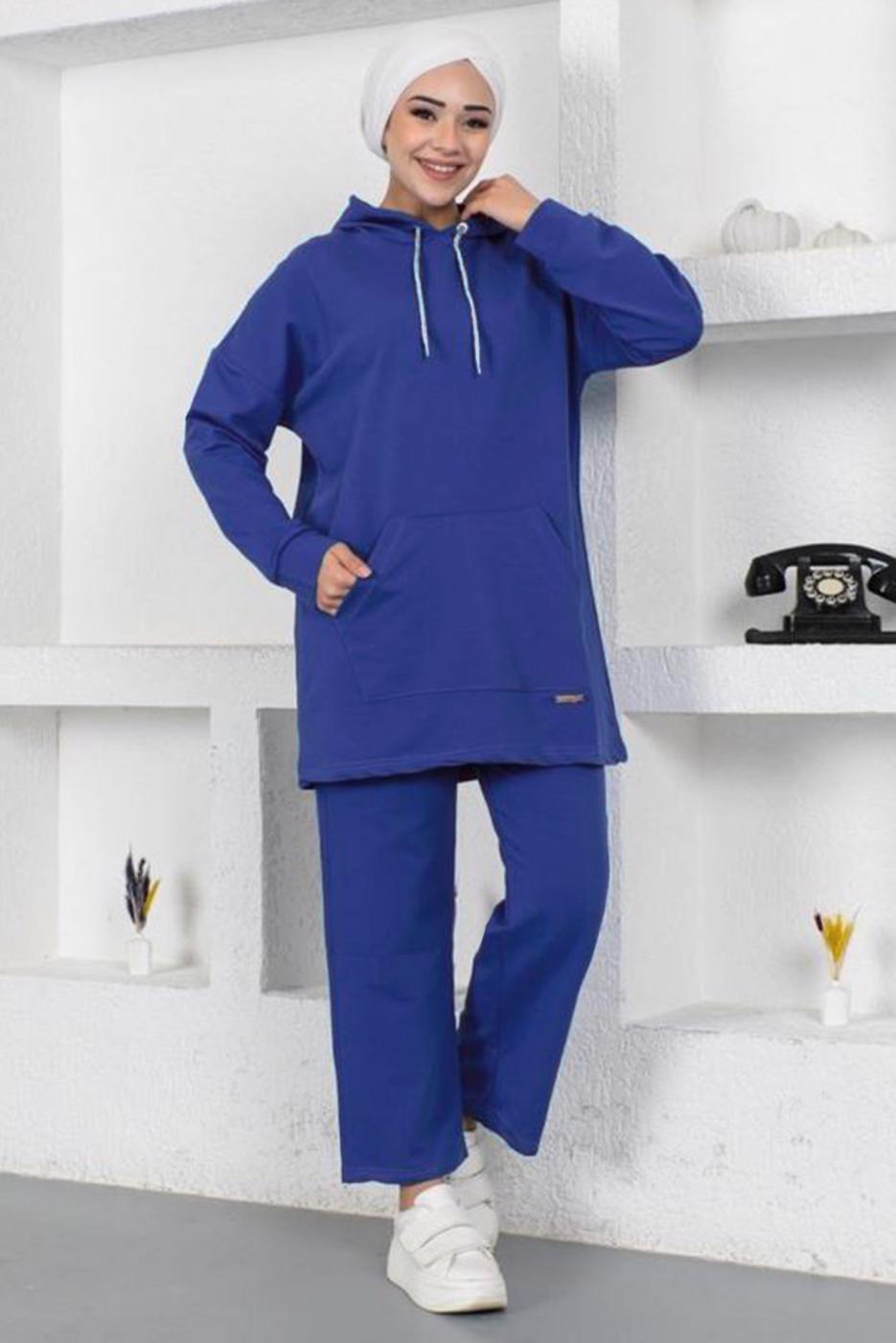Tesettür giyim LACİVERT KAPÜŞONLU CEPLİ PANTOLONLU EŞOFMAN TAKIM T 003