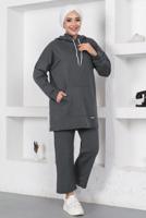Tesettür giyim GRİ KAPÜŞONLU CEPLİ PANTOLONLU EŞOFMAN TAKIM T 003