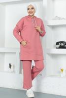 Tesettür giyim PEMBE KAPÜŞONLU CEPLİ PANTOLONLU EŞOFMAN TAKIM T 003