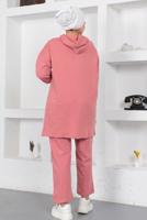 Tesettür giyim PEMBE KAPÜŞONLU CEPLİ PANTOLONLU EŞOFMAN TAKIM T 003