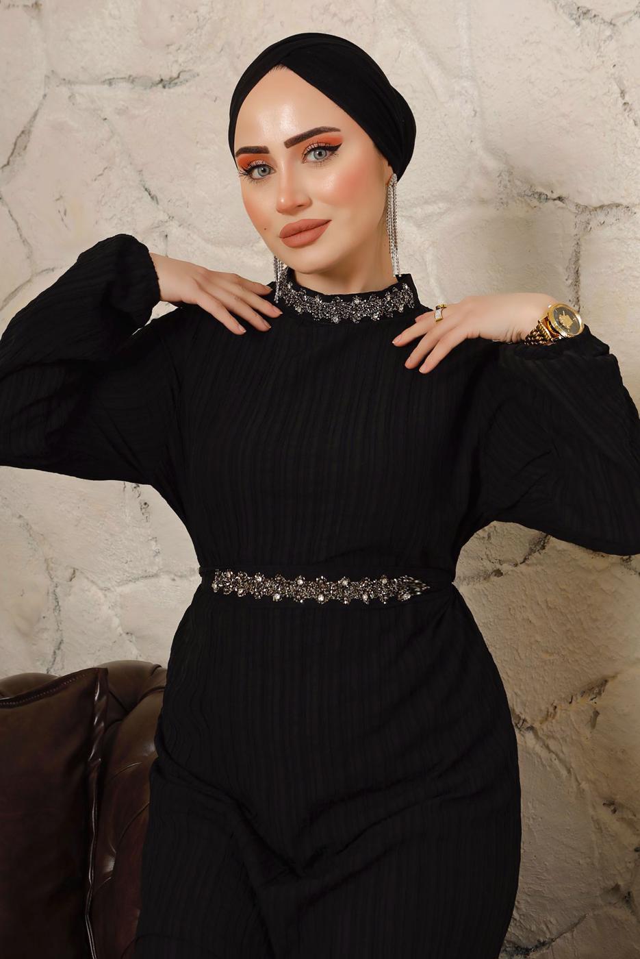 Tesettür giyim SİYAH KUŞAKLI TAŞLI PANTOLONLU TAKIM T 0103