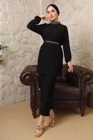 Tesettür giyim SİYAH KUŞAKLI TAŞLI PANTOLONLU TAKIM T 0103