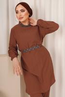 Tesettür giyim KAHVE KUŞAKLI TAŞLI PANTOLONLU TAKIM T 0103