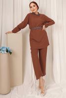 Tesettür giyim KAHVE KUŞAKLI TAŞLI PANTOLONLU TAKIM T 0103