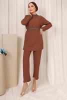 Tesettür giyim KAHVE KUŞAKLI TAŞLI PANTOLONLU TAKIM T 0103