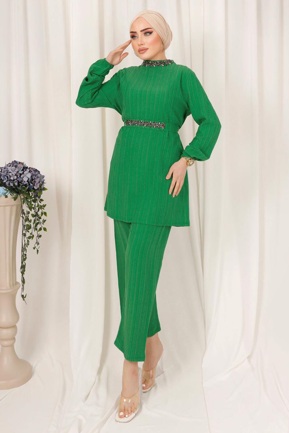 Tesettür giyim YEŞİL KUŞAKLI TAŞLI PANTOLONLU TAKIM T 0103