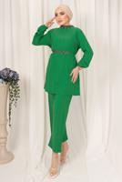 Tesettür giyim YEŞİL KUŞAKLI TAŞLI PANTOLONLU TAKIM T 0103