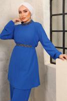 Tesettür giyim LACİVERT KUŞAKLI TAŞLI PANTOLONLU TAKIM T 0103