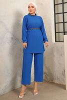 Tesettür giyim LACİVERT KUŞAKLI TAŞLI PANTOLONLU TAKIM T 0103