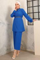 Tesettür giyim LACİVERT KUŞAKLI TAŞLI PANTOLONLU TAKIM T 0103