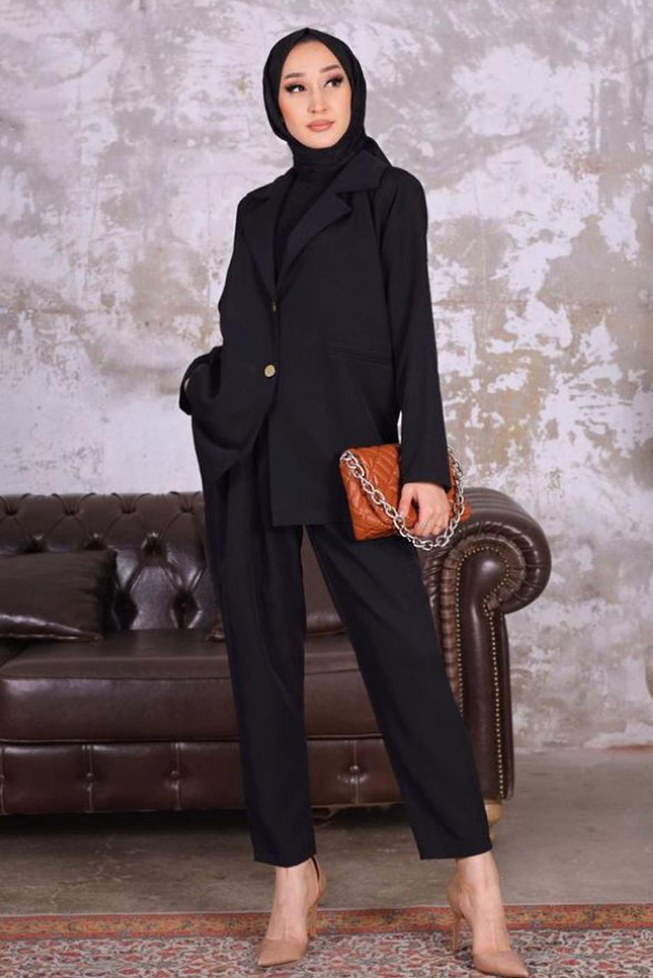 Tesettür giyim SİYAH KRUVAZE YAKA BLAZER CEKET PANTOLONLU TAKIM T 03006