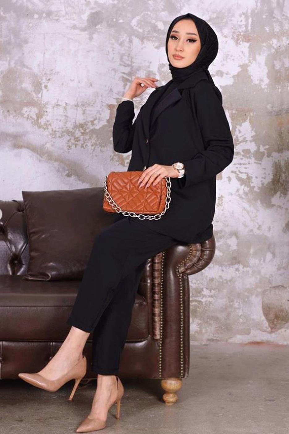 Tesettür giyim SİYAH KRUVAZE YAKA BLAZER CEKET PANTOLONLU TAKIM T 03006