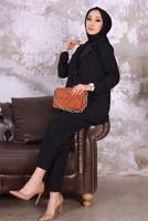 Tesettür giyim SİYAH KRUVAZE YAKA BLAZER CEKET PANTOLONLU TAKIM T 03006