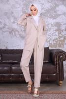 Tesettür giyim BEJ KRUVAZE YAKA BLAZER CEKET PANTOLONLU TAKIM T 03006