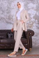 Tesettür giyim BEJ KRUVAZE YAKA BLAZER CEKET PANTOLONLU TAKIM T 03006