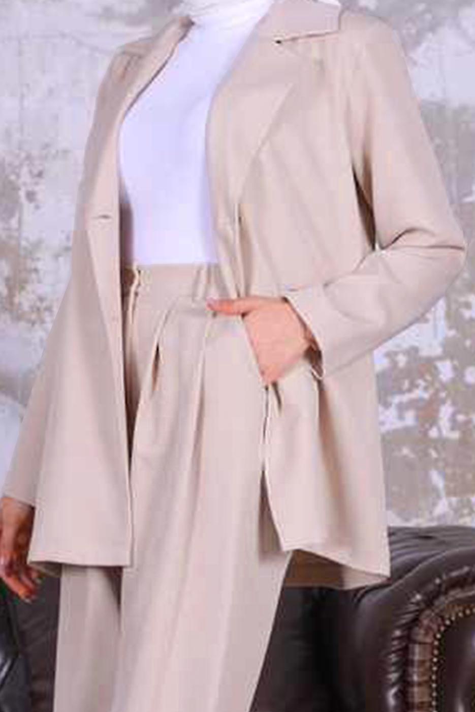 Tesettür giyim BEJ KRUVAZE YAKA BLAZER CEKET PANTOLONLU TAKIM T 03006