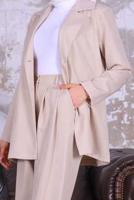 Tesettür giyim BEJ KRUVAZE YAKA BLAZER CEKET PANTOLONLU TAKIM T 03006