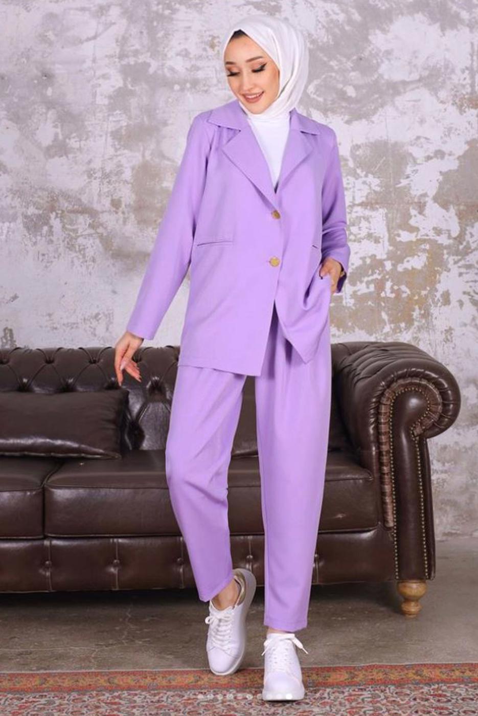 Tesettür giyim MOR KRUVAZE YAKA BLAZER CEKET PANTOLONLU TAKIM T 03006