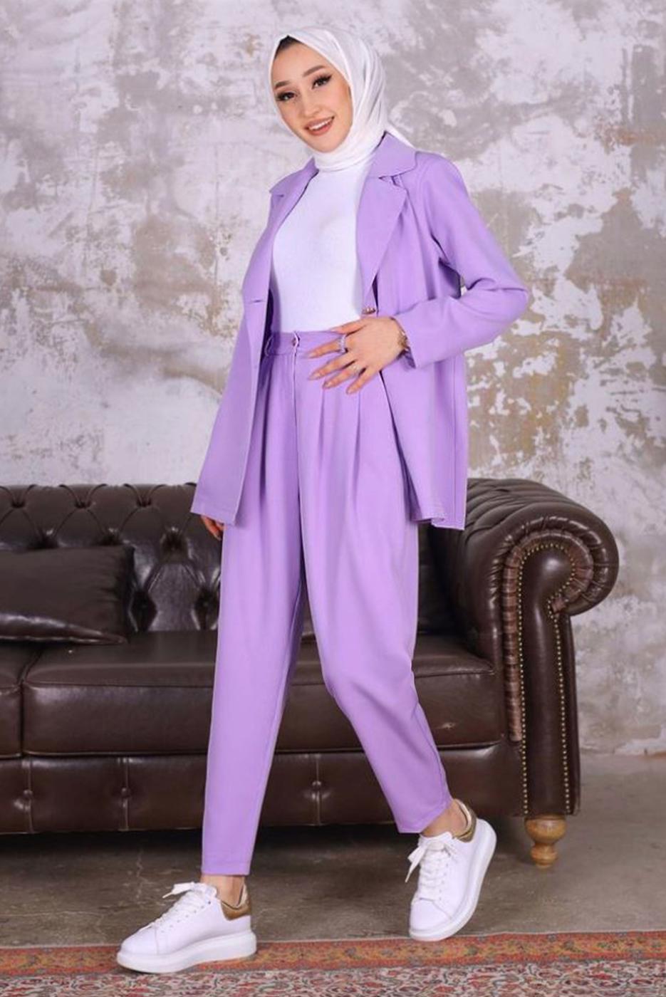 Tesettür giyim MOR KRUVAZE YAKA BLAZER CEKET PANTOLONLU TAKIM T 03006
