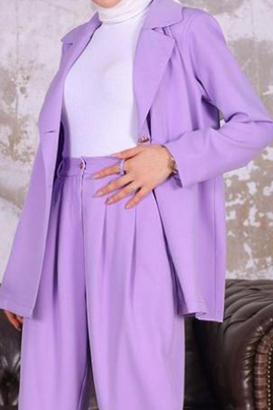 Tesettür giyim MOR KRUVAZE YAKA BLAZER CEKET PANTOLONLU TAKIM T 03006