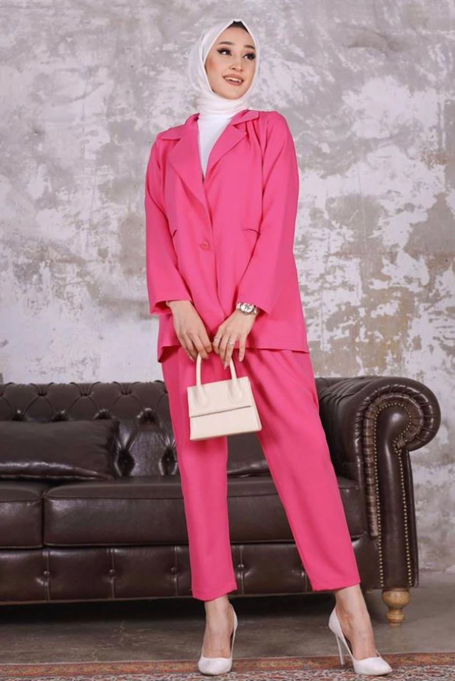 Tesettür giyim FUŞYA KRUVAZE YAKA BLAZER CEKET PANTOLONLU TAKIM T 03006