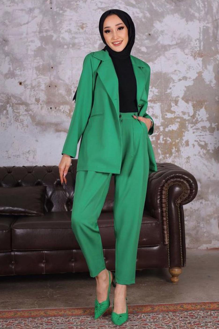 Tesettür giyim YEŞİL KRUVAZE YAKA BLAZER CEKET PANTOLONLU TAKIM T 03006