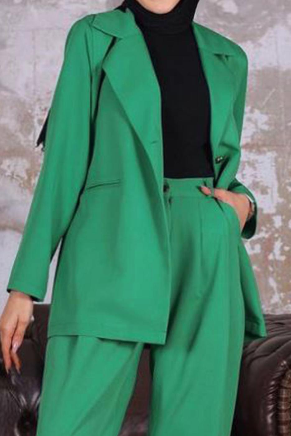 Tesettür giyim YEŞİL KRUVAZE YAKA BLAZER CEKET PANTOLONLU TAKIM T 03006