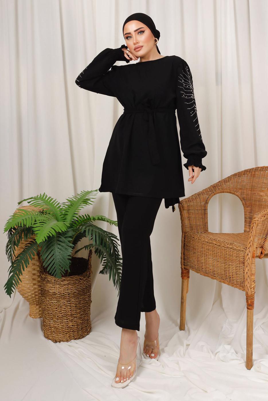 Tesettür giyim SİYAH KOLU İŞLEMELİ KUŞAKLI PANTOLONLU TAKIM T 0303