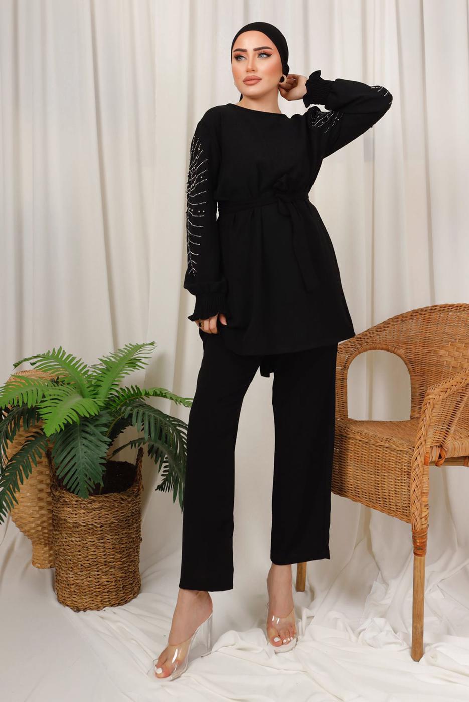 Tesettür giyim SİYAH KOLU İŞLEMELİ KUŞAKLI PANTOLONLU TAKIM T 0303
