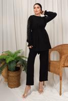 Tesettür giyim SİYAH KOLU İŞLEMELİ KUŞAKLI PANTOLONLU TAKIM T 0303
