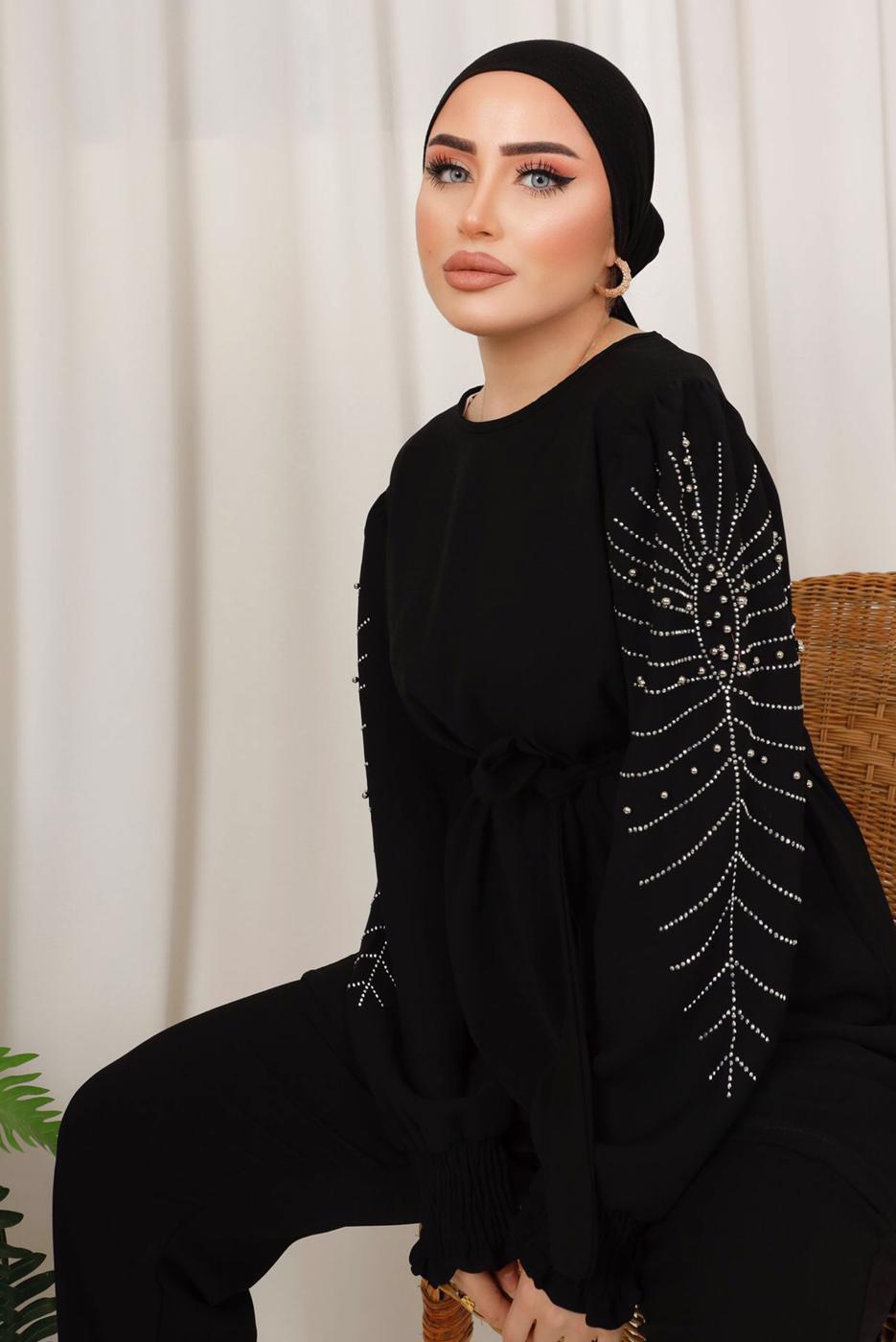 Tesettür giyim SİYAH KOLU İŞLEMELİ KUŞAKLI PANTOLONLU TAKIM T 0303