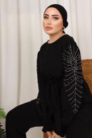 Tesettür giyim SİYAH KOLU İŞLEMELİ KUŞAKLI PANTOLONLU TAKIM T 0303