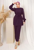 Tesettür giyim MOR KOLU İŞLEMELİ KUŞAKLI PANTOLONLU TAKIM T 0303